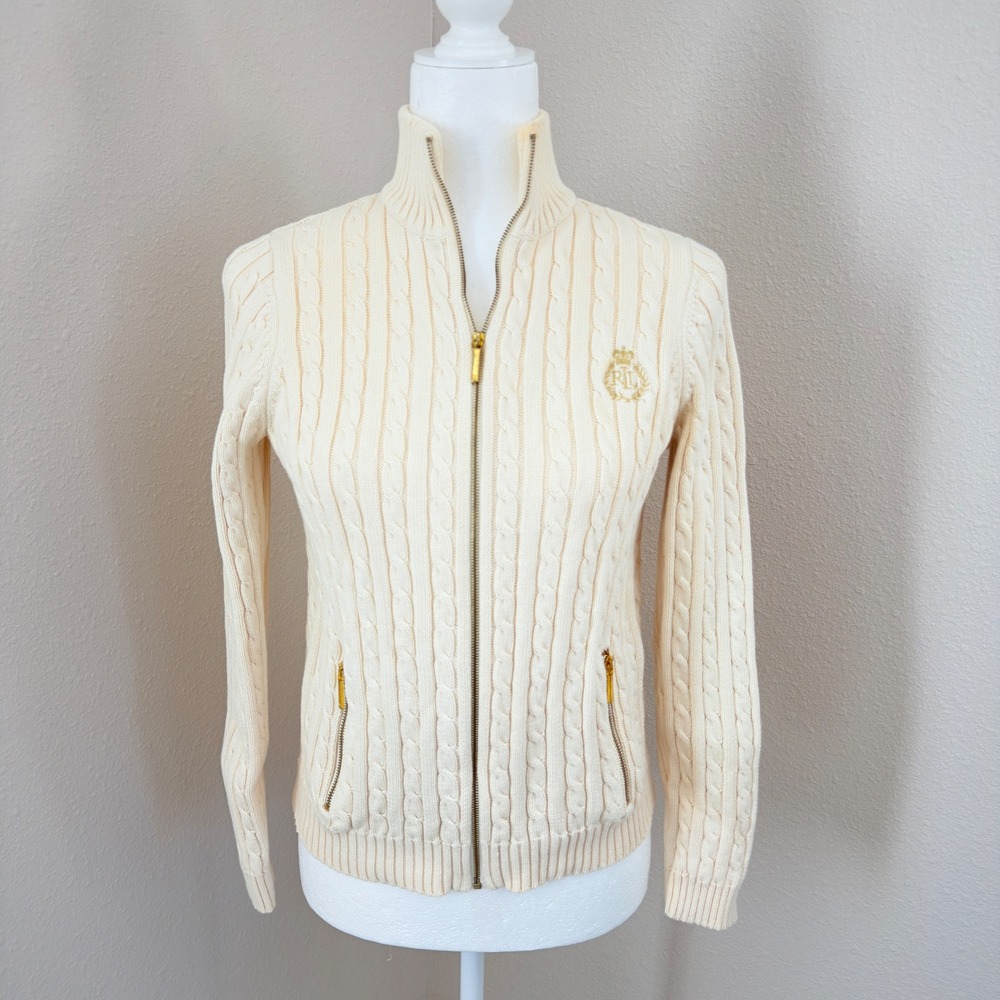 Lauren Ralph Lauren Cardigan Small Cream Cable Knit Preppy Coastal Chic Zip Up